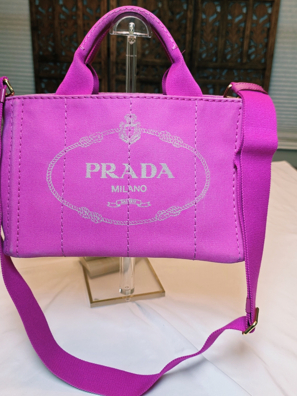 Prada Canapa Mini Tote Fuchsia Pink Canvas 2-Way Crossbody Shoulder Bag w strap.